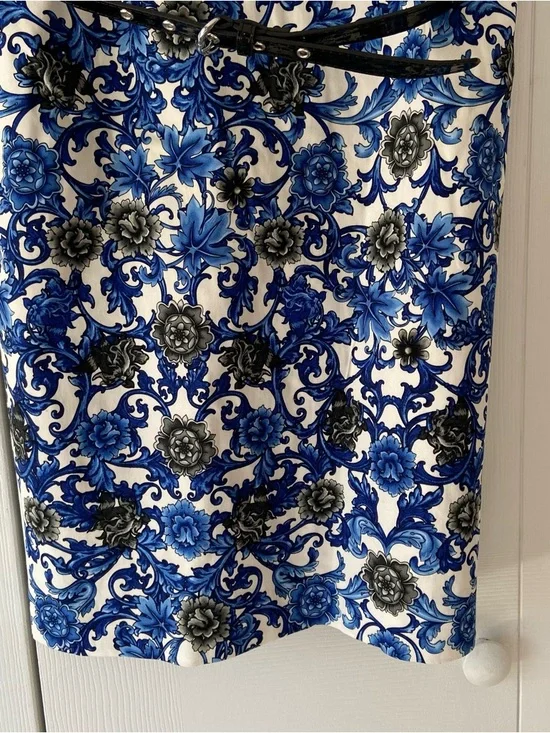 Premise Blue White Floral Damask Sheath Dress Size 4 NWT Belted Boho Career - Picture 5 of 8